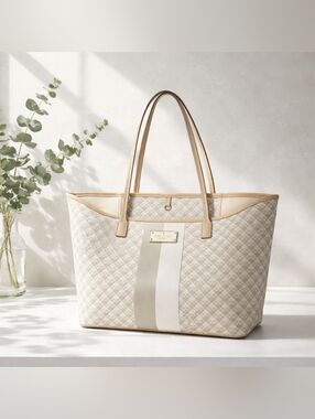 EUC Kate Spade Neutral Cream Tote Bag with Beige Trim - Designer Style